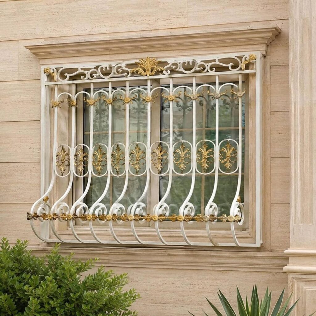 اجرای حفاظ پنجره سفید طلایی روی نمای روشن