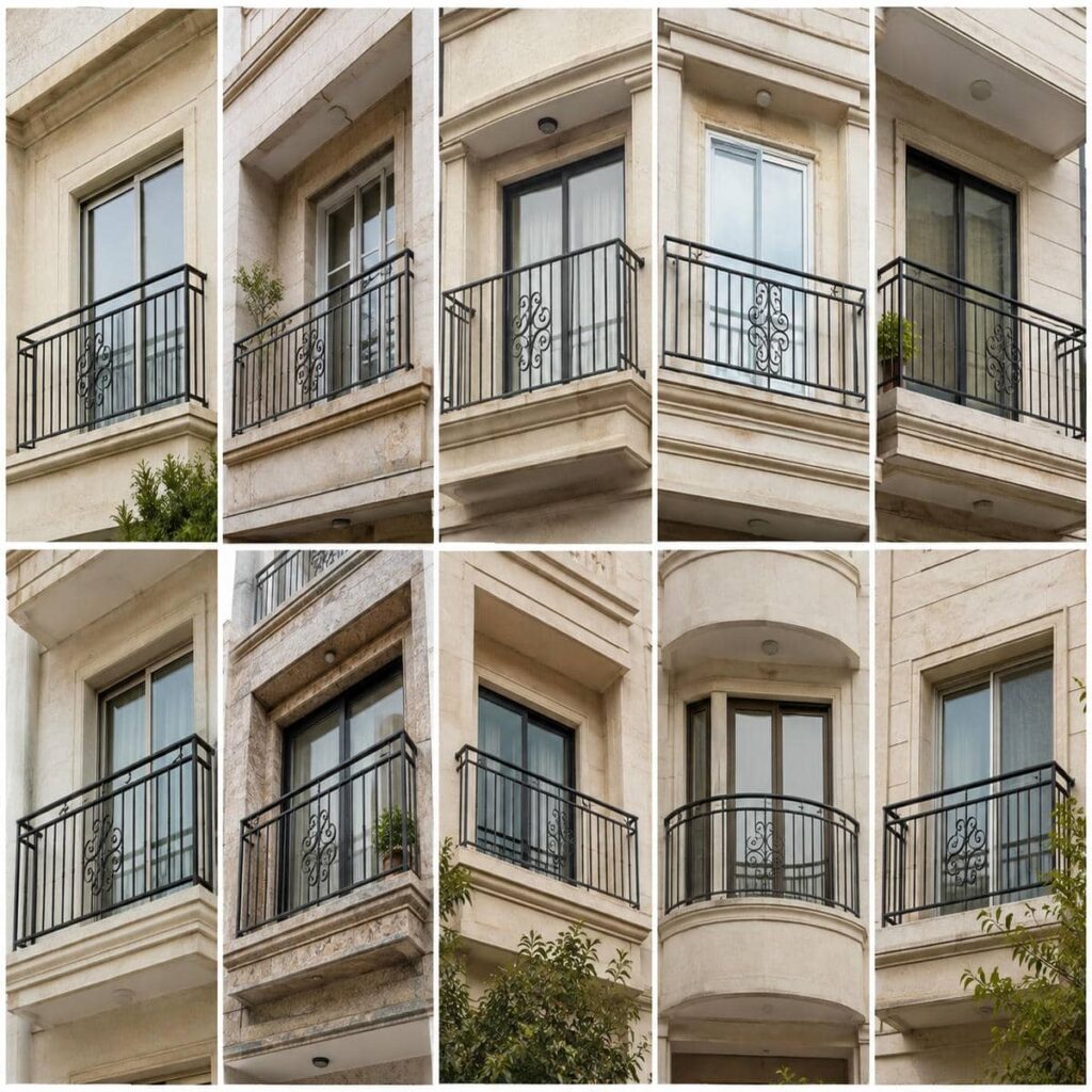 نرده بالکن آلومینیومی خاکستری در ساختمان حومه شیراز