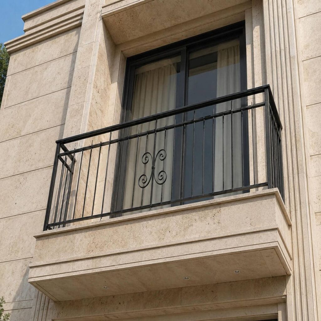 نرده بالکن ساده کنار نمای سنگی