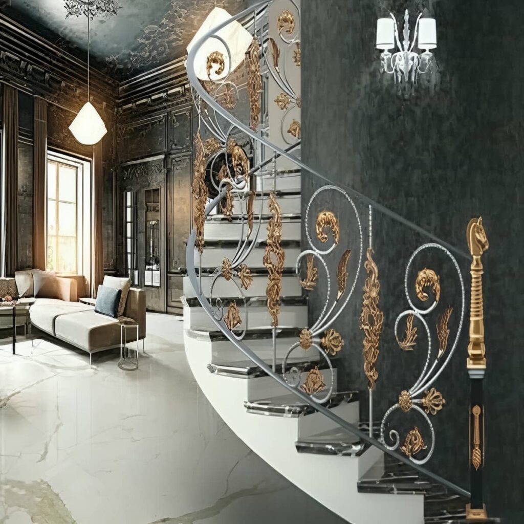 نرده راه پله سفید کنار لابی با کف سنگی نرده راه پله سفید کنار لابی با کف سنگی