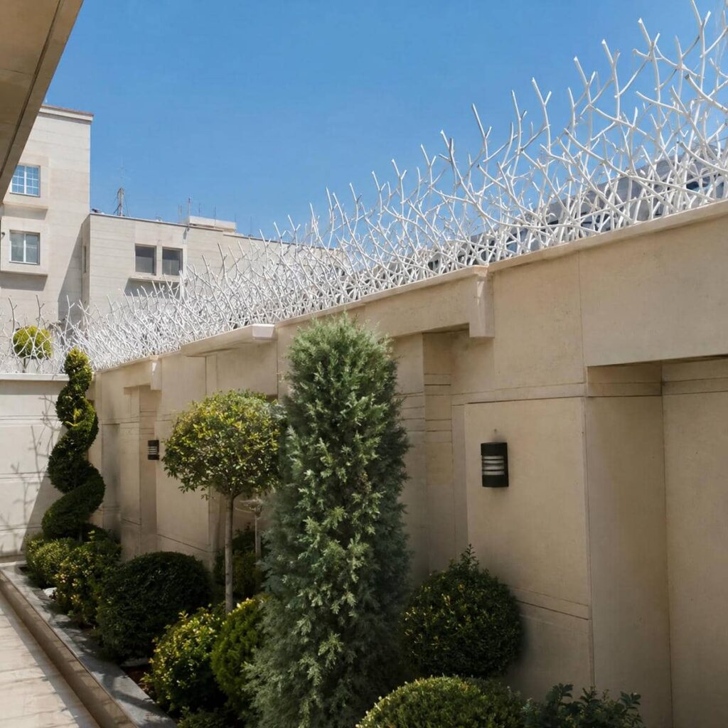 نرده سرنیزه ای کنار آبنمای سنگی حیاط ویلایی